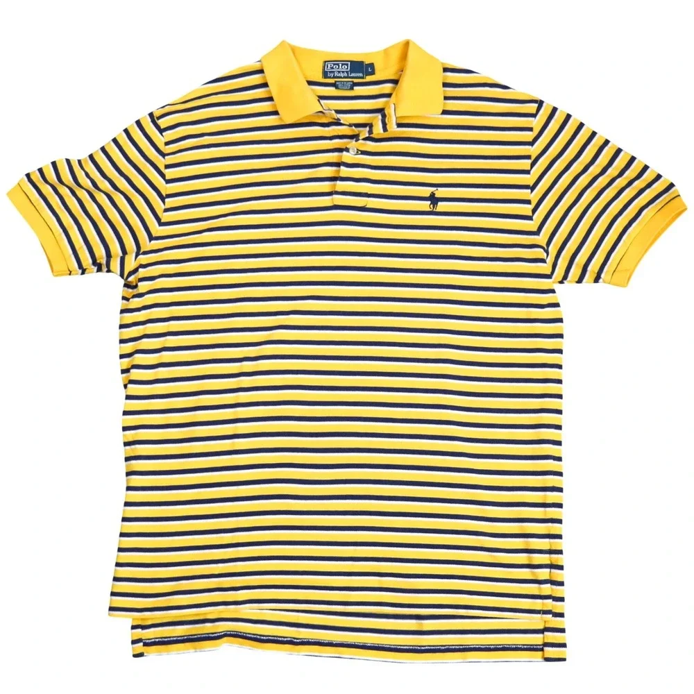 Polo Ralph Lauren Polo Shirt Mens L Yellow Navy Blue White Striped Cotton Pique - Picture 2 of 10